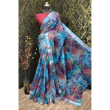 Blue cotton linen woven design saree with unstitched blouse (5.5mtr), traditional Indian women's attire