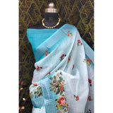 Sky cotton linen woven saree with unstitched blouse, 5.5mtr length