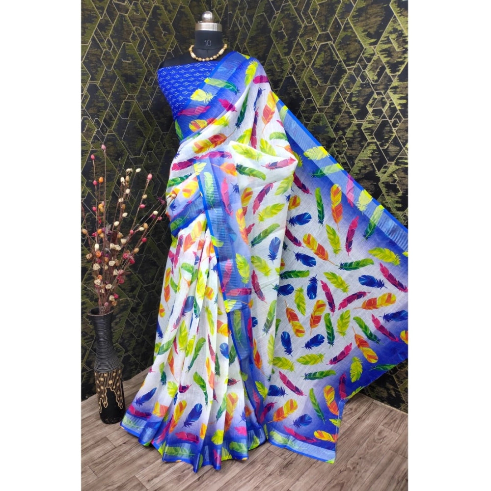 Blue cotton linen woven design saree with unstitched blouse (5.5mtr)