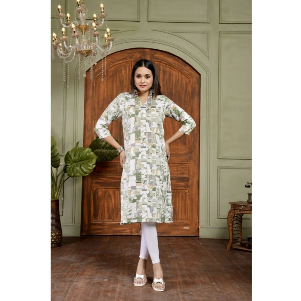 Green cotton blended printed 3/4th sleeve collar neck kurti with vibrant pattern detail