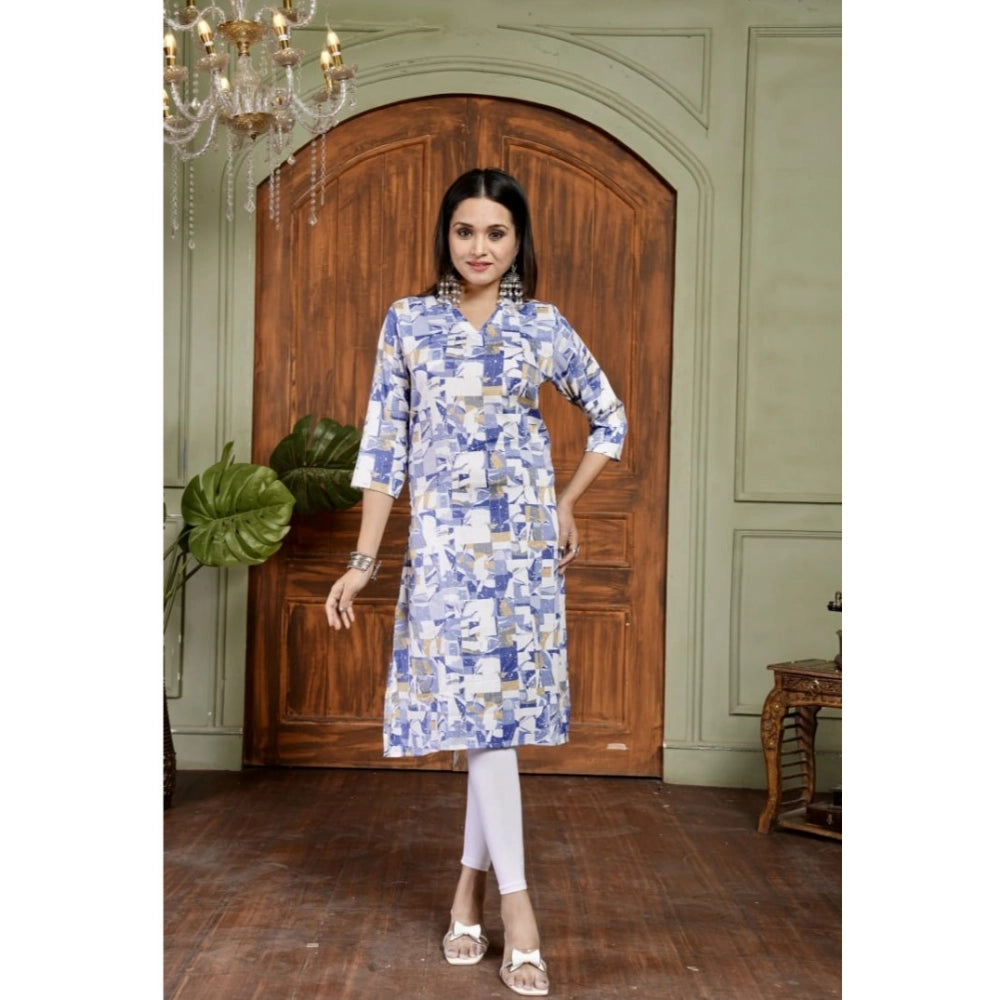 Blue cotton blended printed 3/4th sleeve collar neck kurti with vibrant patterns