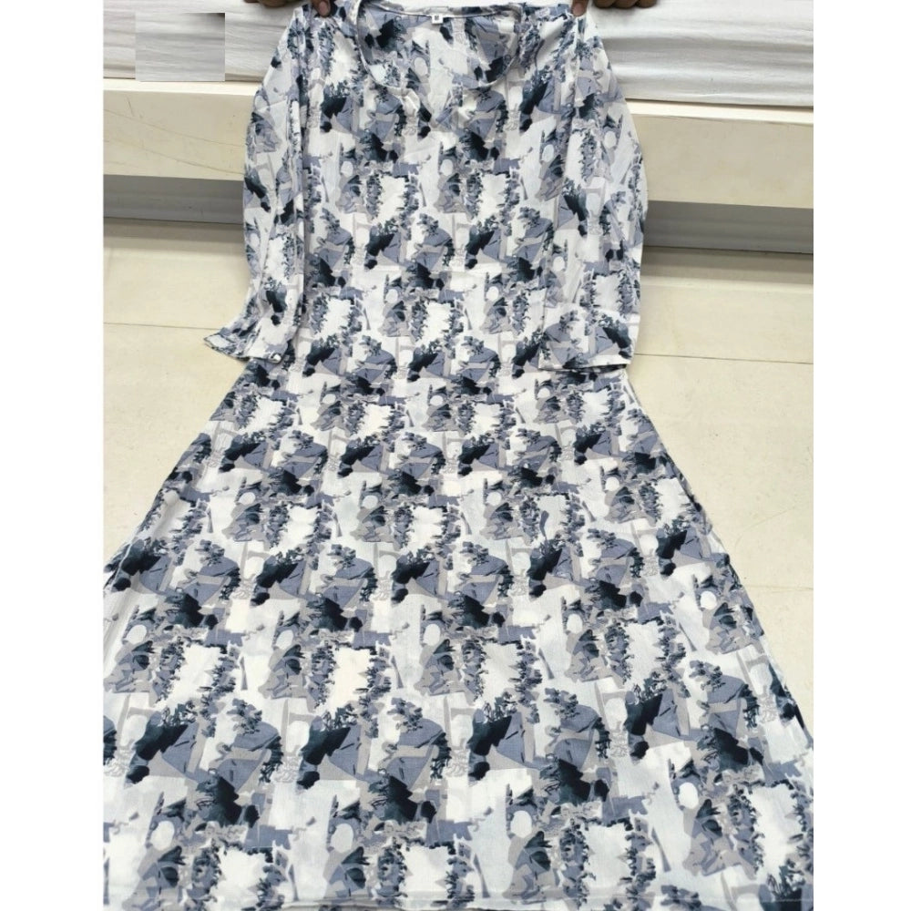 Grey cotton blended printed 3/4th sleeve V-neck kurti for women