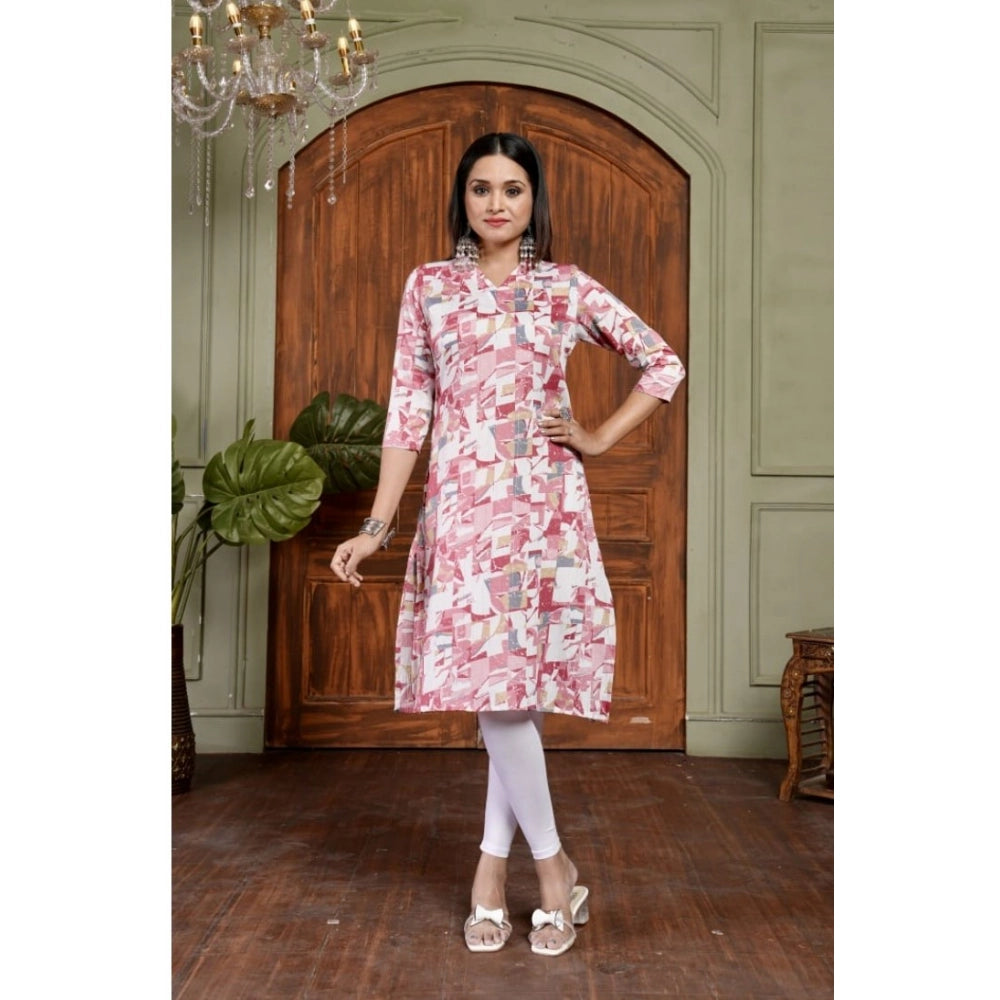 Red cotton blended printed 3/4th sleeve collar neck kurti on mannequin