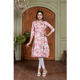 Red cotton blended printed 3/4th sleeve collar neck kurti on mannequin