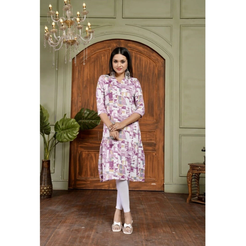 Purple cotton blended printed 3/4th sleeve collar neck kurti for women, vibrant pattern detail