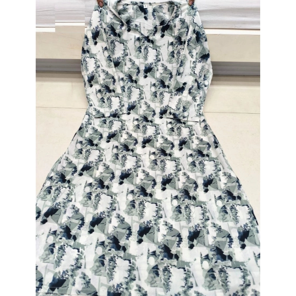 Blue cotton blended printed 3/4th sleeve V-neck kurti