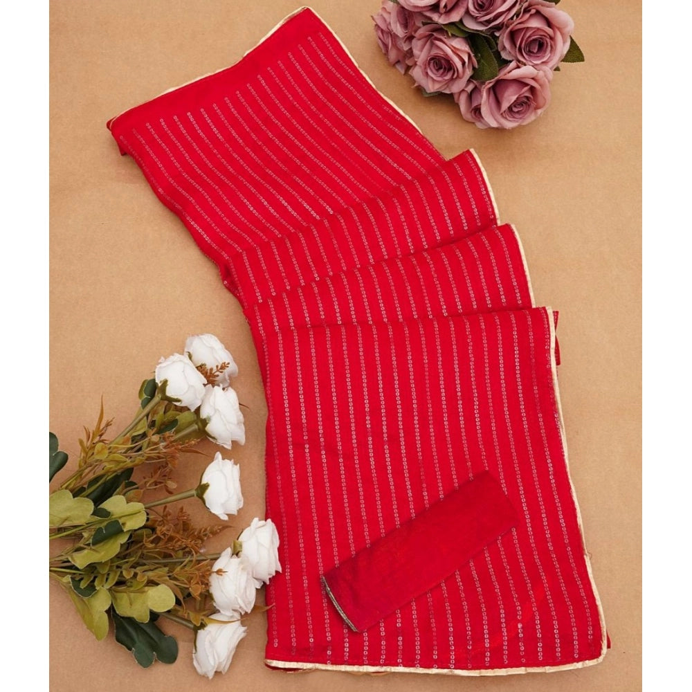 Red striped Vichitra silk saree with unstitched blouse (5.5Mtr), traditional Indian fashion wear on mannequin