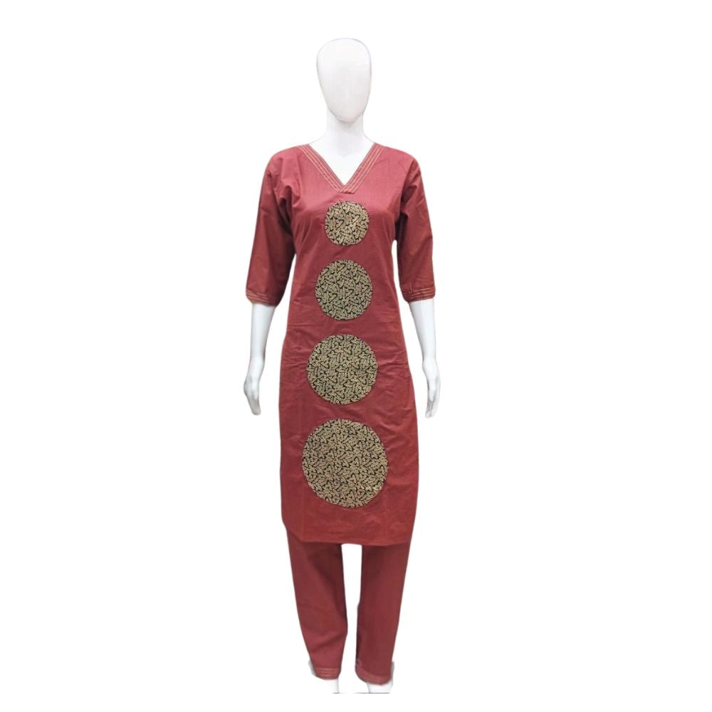 Women's Cotton Blended Printed 3/4th Sleeve V Neck Kurti With Pant Set (Brown)
