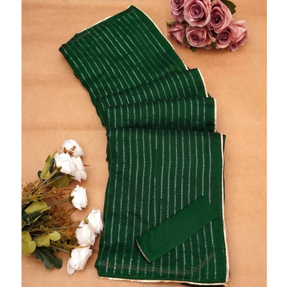 Green Vichitra silk striped saree with unstitched blouse (5.5mtr)