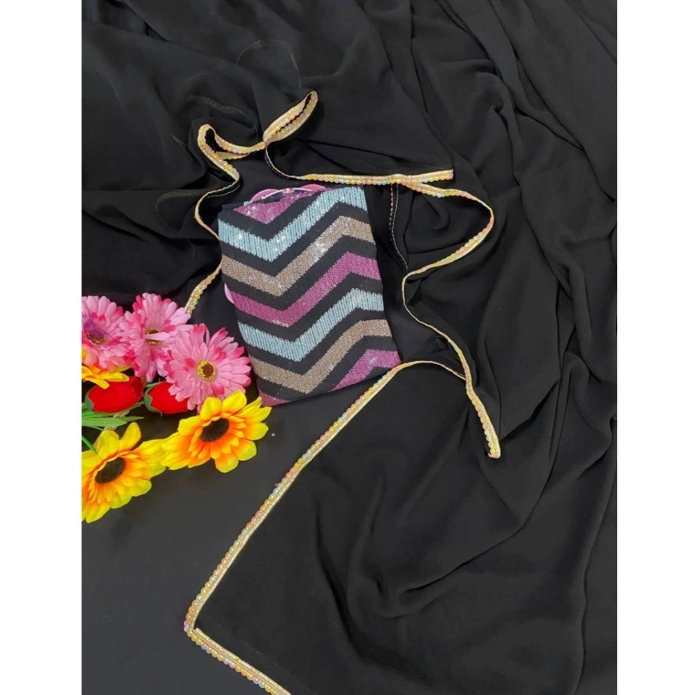 Black fox georgette solid saree with unstitched blouse, 5.5mtr length on model