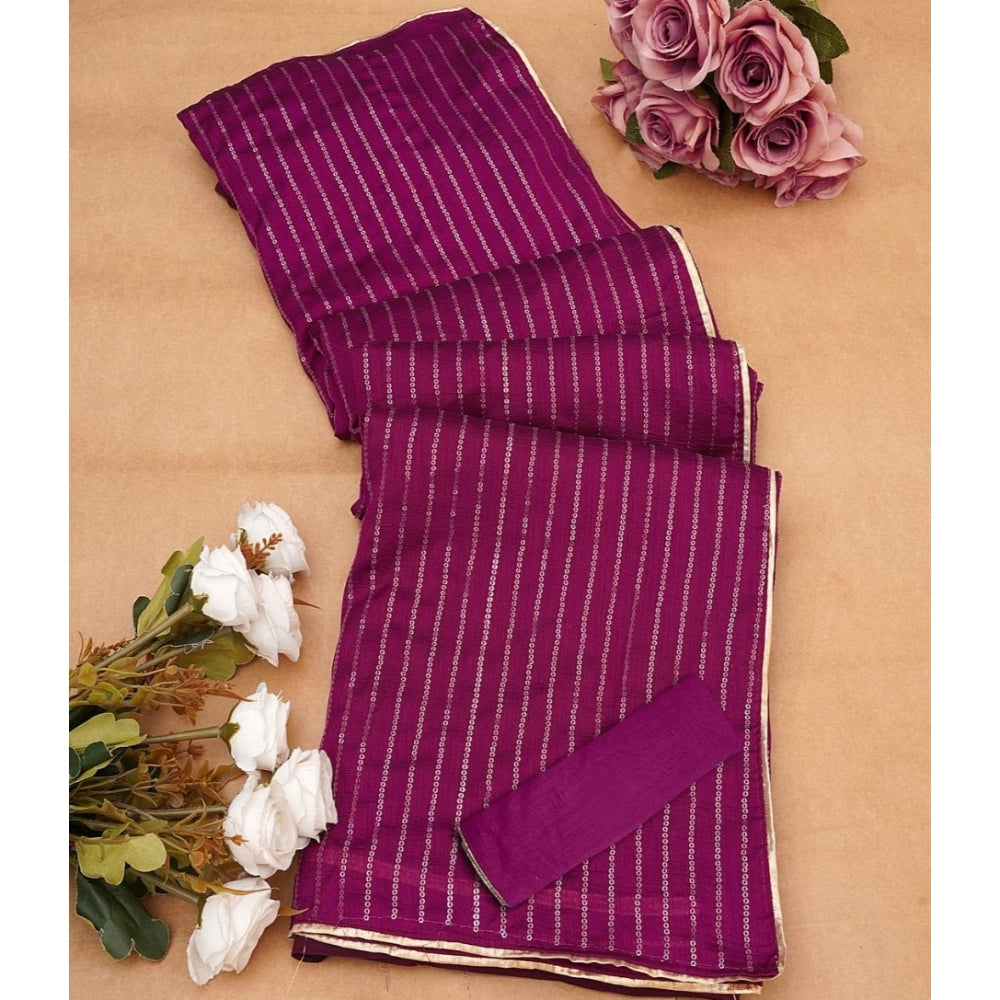 Purple Vichitra silk striped saree with unstitched blouse, elegant women's traditional wear accessory
