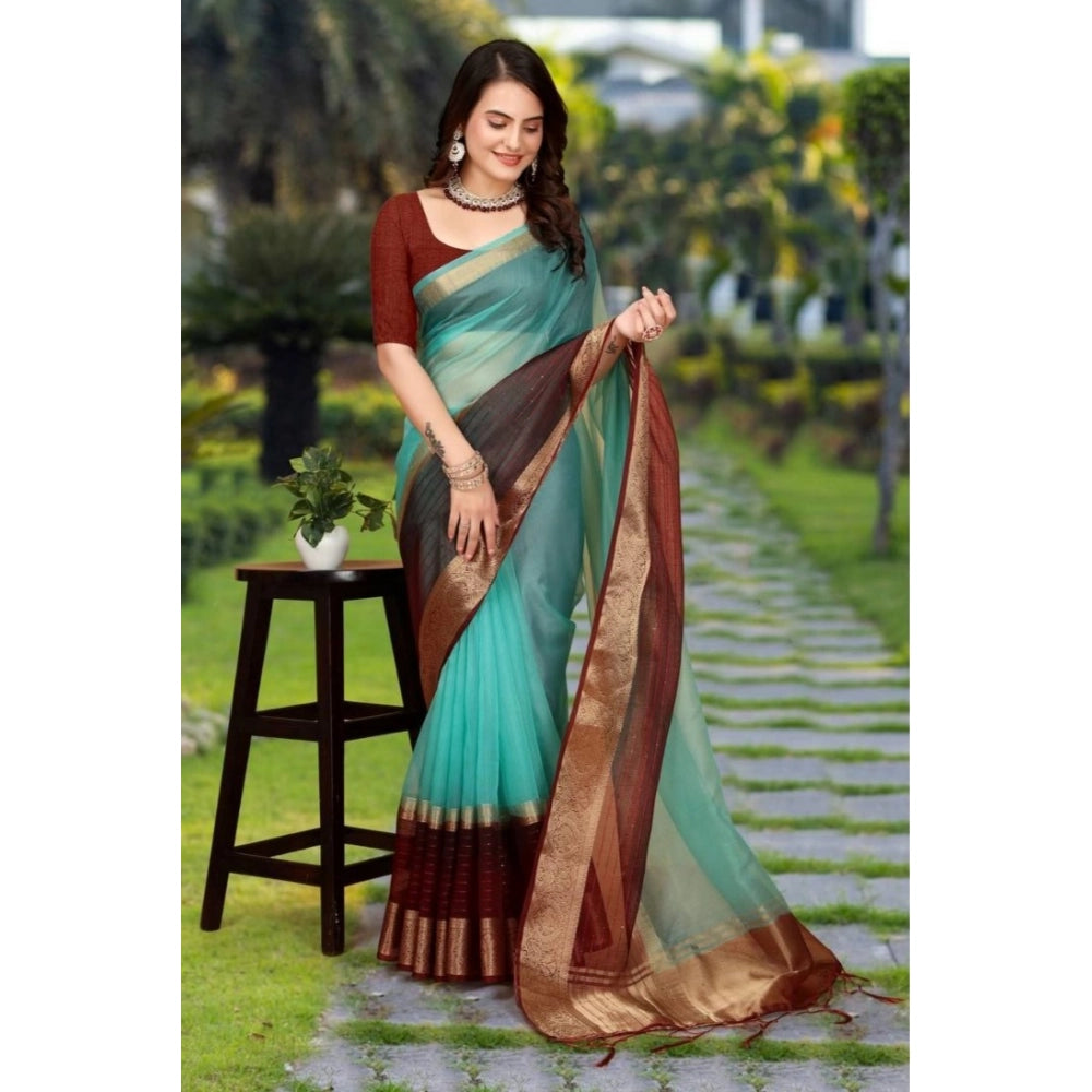 Women's Khadi Cotton  Solid Saree With Unstitched Blouse 5.5Mtr (Sky Blue)