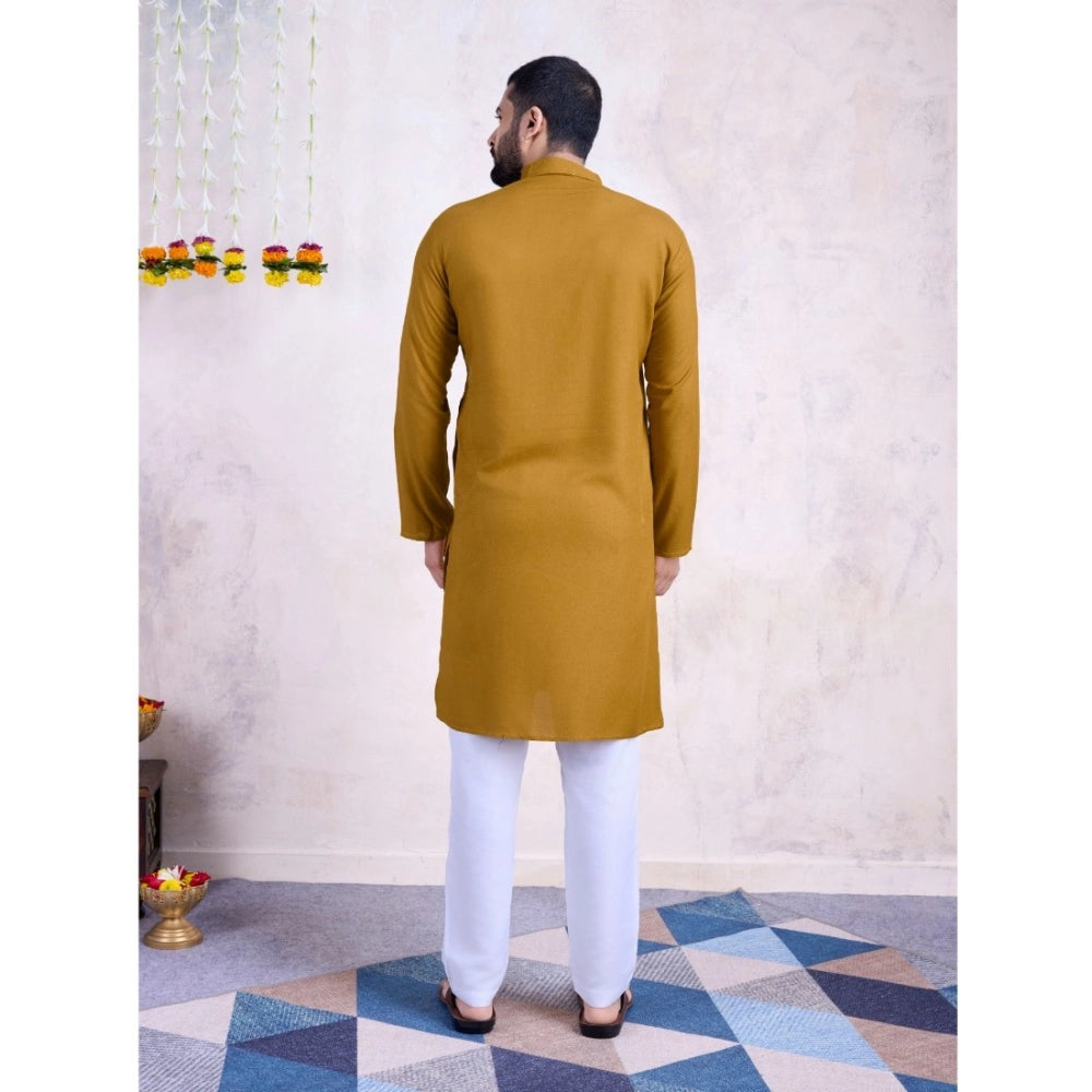 Men's Rayon Mirror Embroidery Mandarin Collar Kurta (Yellow)