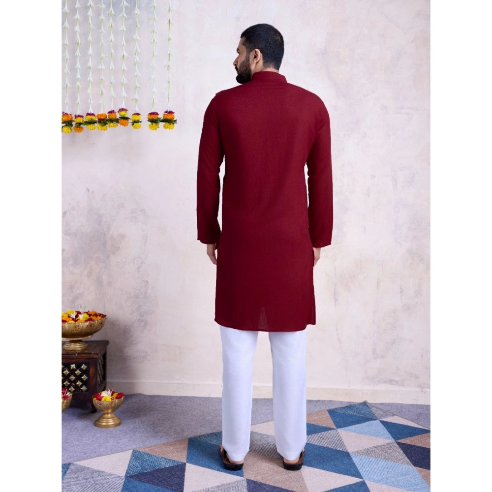 Men's Rayon Mirror Embroidery Mandarin Collar Kurta (Maroon)
