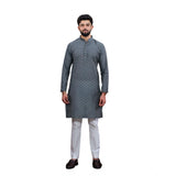 Men's Casual Cotton Printed Full Sleeve Kurta Pyjama Set (Grey)