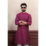 Men's Casual Cotton Printed Full Sleeve Kurta Pyjama Set (Purple)