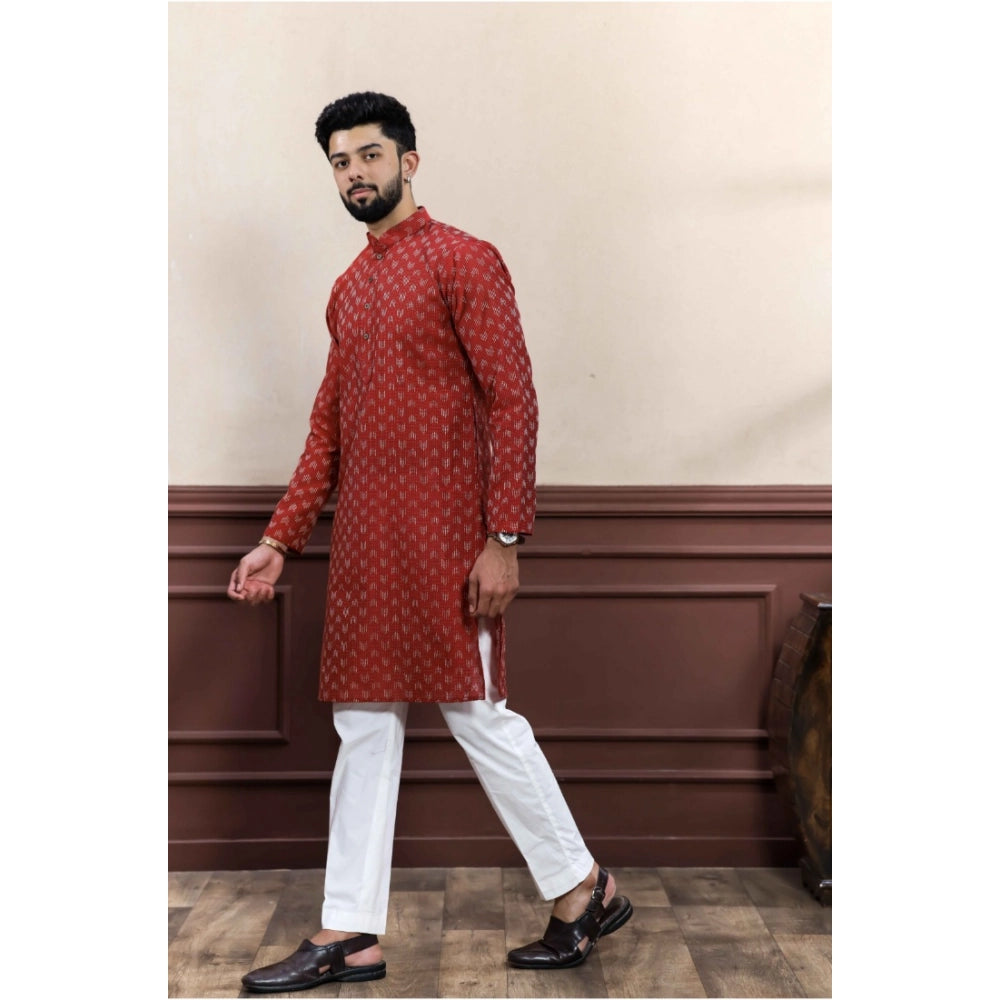 Men's Casual Cotton Printed Full Sleeve Kurta Pyjama Set (Maroon)