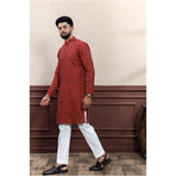 Men's Casual Cotton Printed Full Sleeve Kurta Pyjama Set (Maroon)