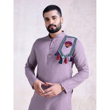 Men's Rayon Mirror Embroidery Mandarin Collar Kurta (Purple)