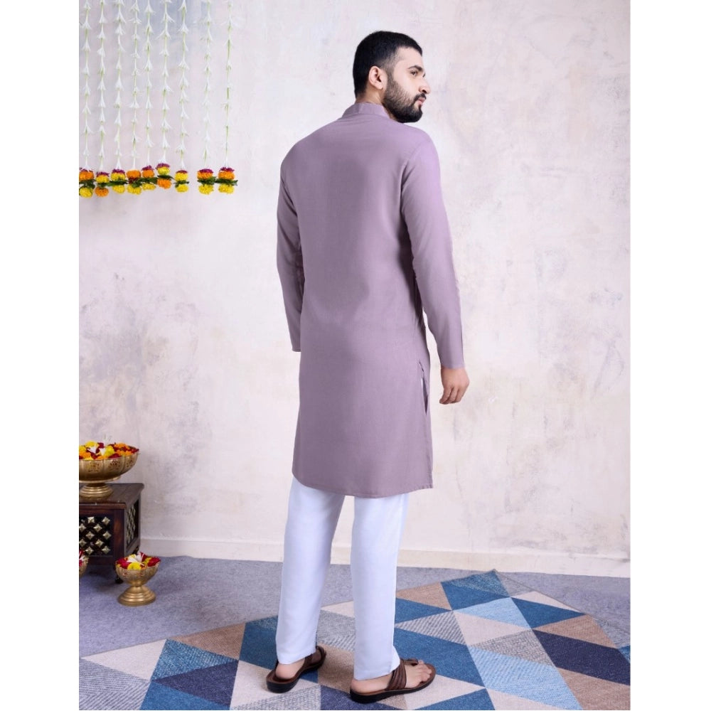 Men's Rayon Mirror Embroidery Mandarin Collar Kurta (Purple)