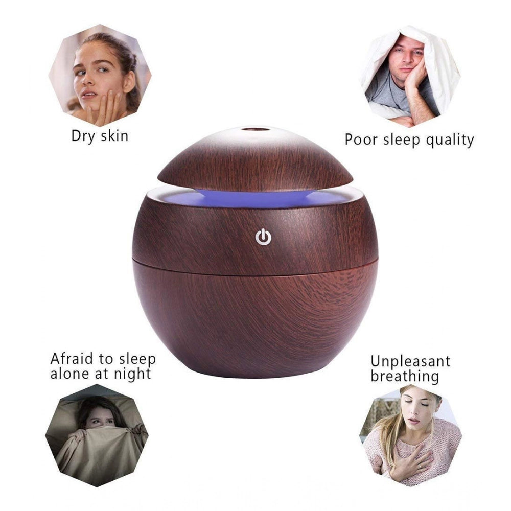 Brown wooden humidifier with LED lights, ideal for bedroom, office or home