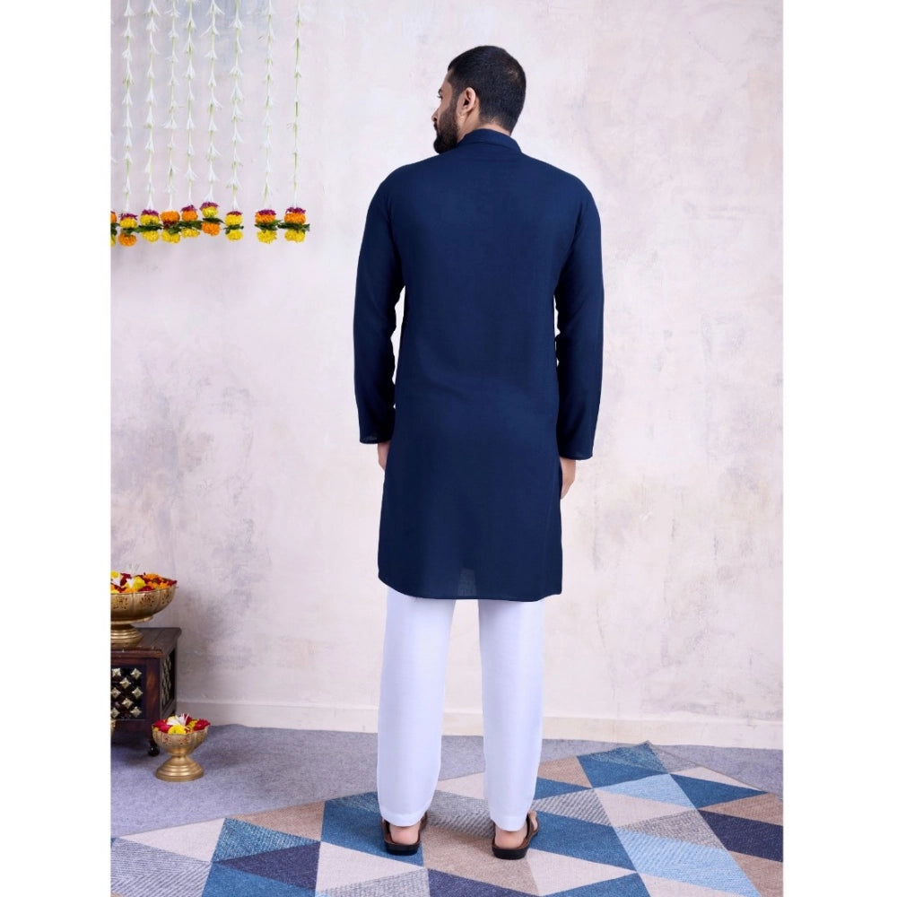 Men's Rayon Mirror Embroidery Mandarin Collar Kurta (Nevy Blue)