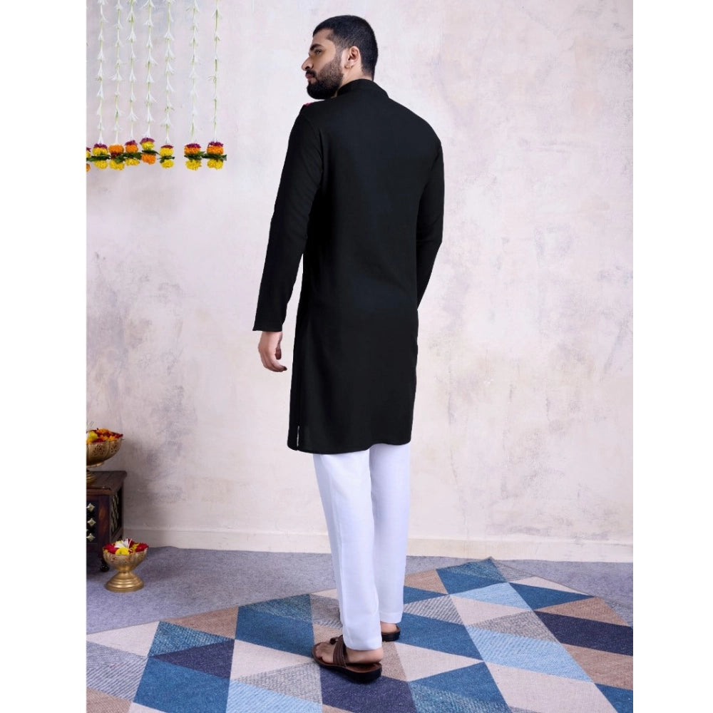 Men's Rayon Mirror Embroidery Mandarin Collar Kurta (Black)
