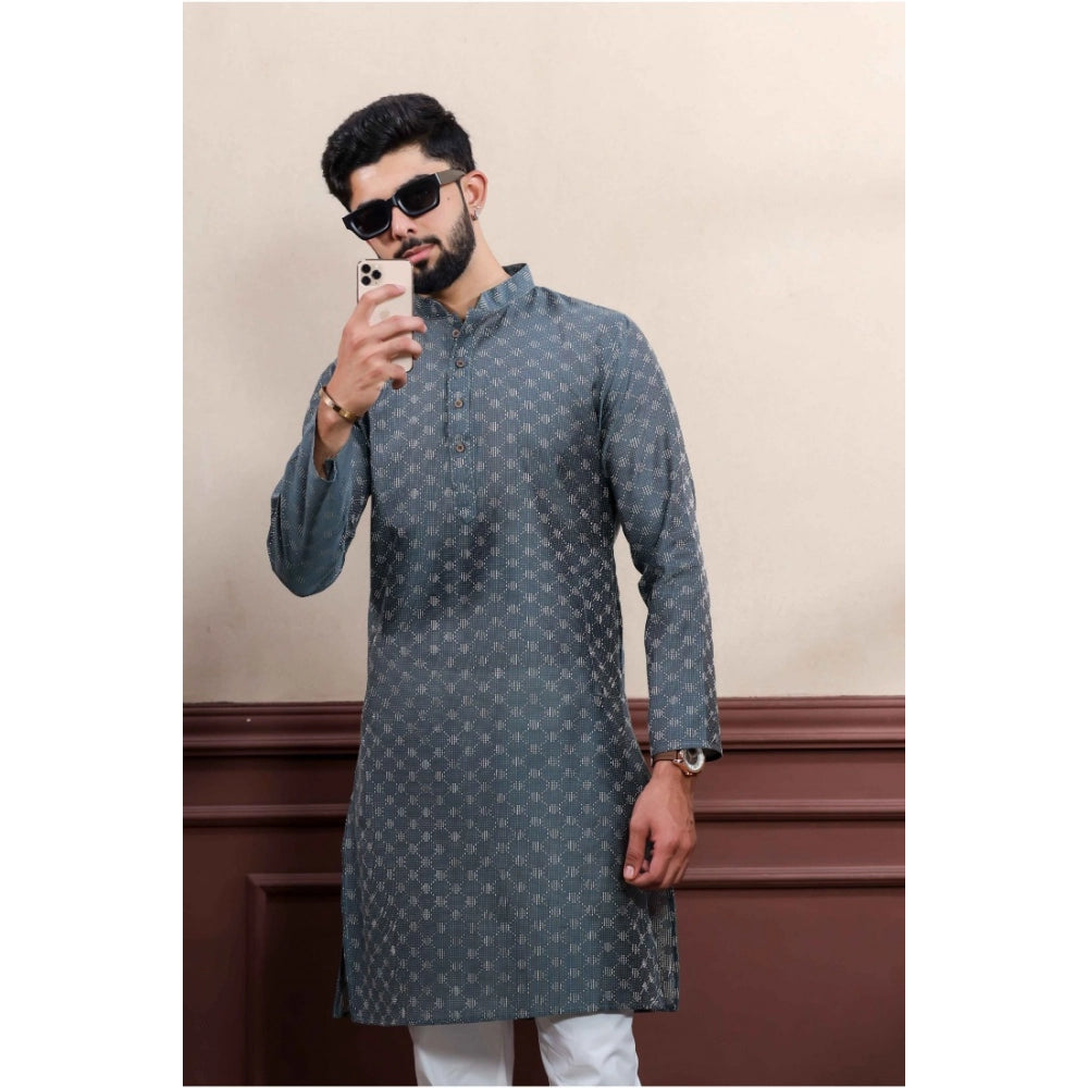 Men's Casual Cotton Printed Full Sleeve Kurta Pyjama Set (Grey)