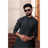 Men's Casual Cotton Printed Full Sleeve Kurta Pyjama Set (Black)