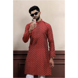 Men's Casual Cotton Printed Full Sleeve Kurta Pyjama Set (Maroon)