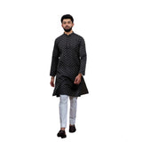 Men's Casual Cotton Printed Full Sleeve Kurta Pyjama Set (Black)