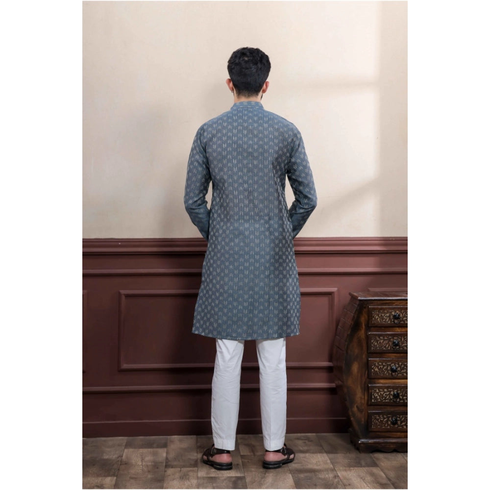 Men's Casual Cotton Printed Full Sleeve Kurta Pyjama Set (Grey)