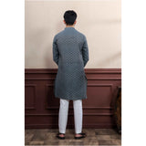 Men's Casual Cotton Printed Full Sleeve Kurta Pyjama Set (Grey)