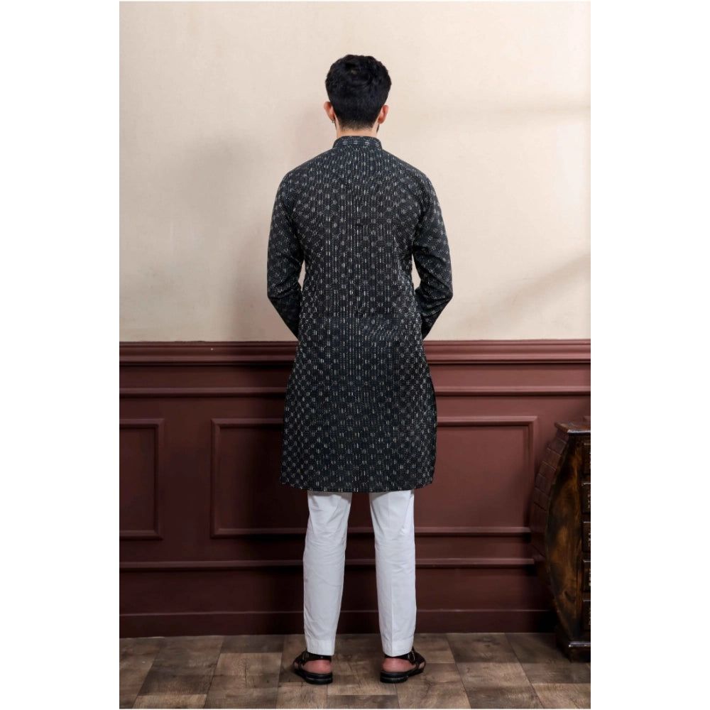 Men's Casual Cotton Printed Full Sleeve Kurta Pyjama Set (Black)