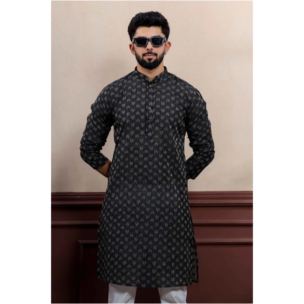 Men's Casual Cotton Printed Full Sleeve Kurta Pyjama Set (Black)