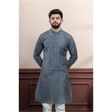 Men's Casual Cotton Printed Full Sleeve Kurta Pyjama Set (Grey)