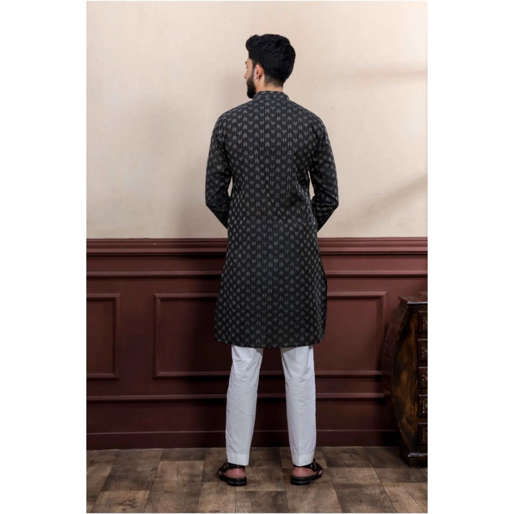 Men's Casual Cotton Printed Full Sleeve Kurta Pyjama Set (Black)