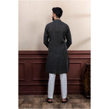 Men's Casual Cotton Printed Full Sleeve Kurta Pyjama Set (Black)
