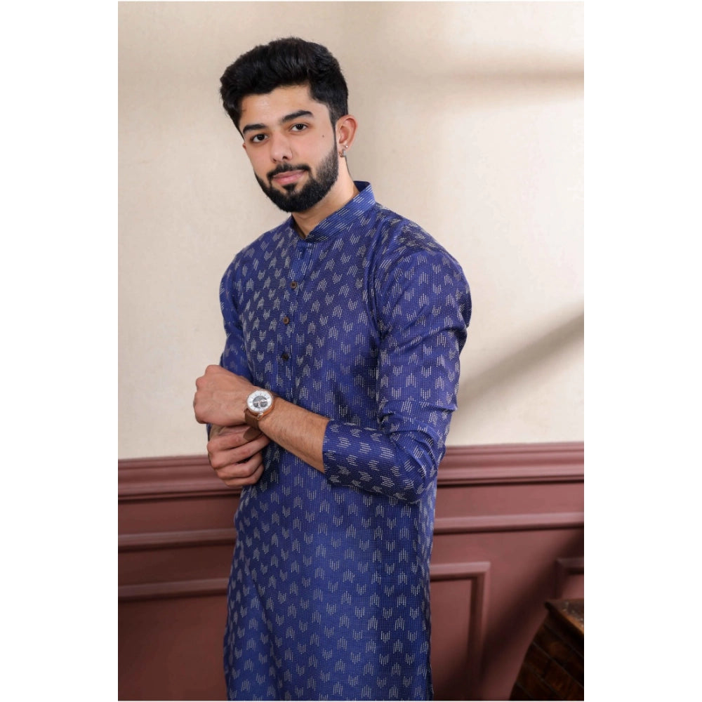 Men's Casual Cotton Printed Full Sleeve Kurta Pyjama Set (Navy Blue)