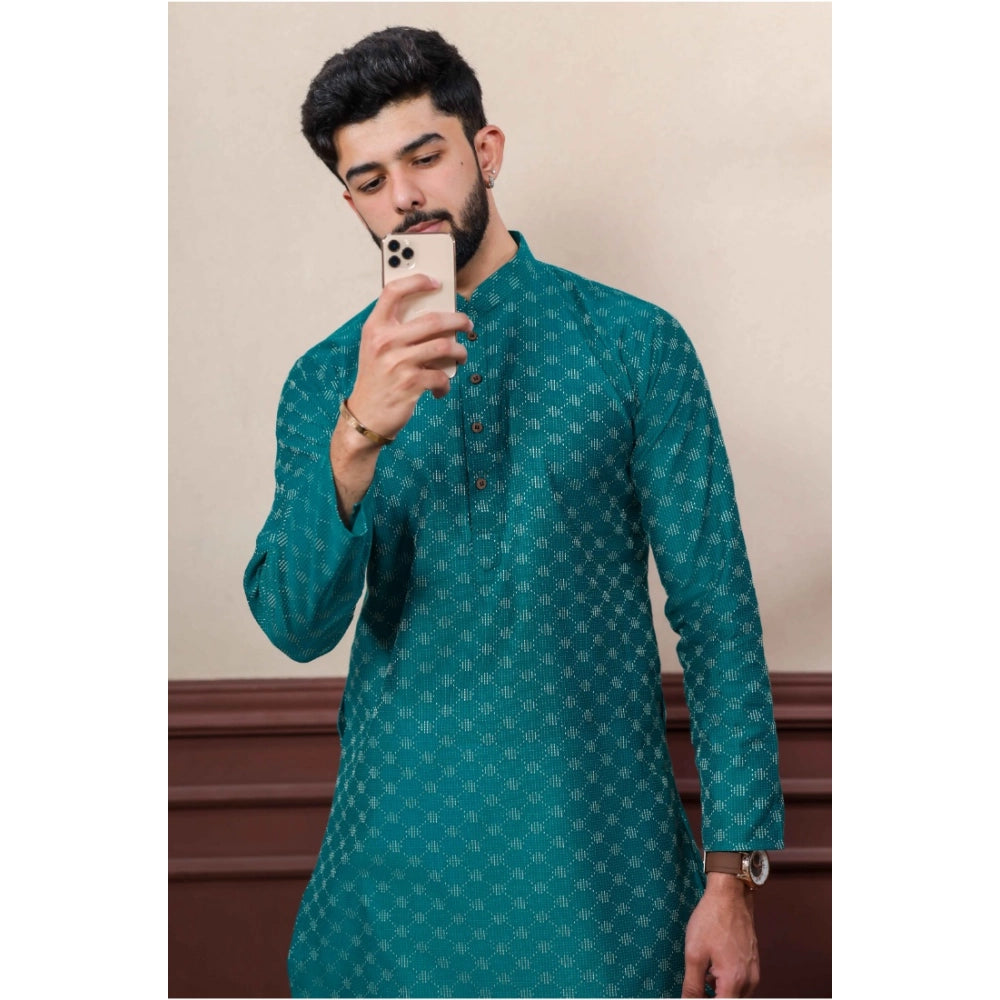 Men's Casual Cotton Printed Full Sleeve Kurta Pyjama Set (Teal)