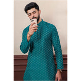 Men's Casual Cotton Printed Full Sleeve Kurta Pyjama Set (Teal)