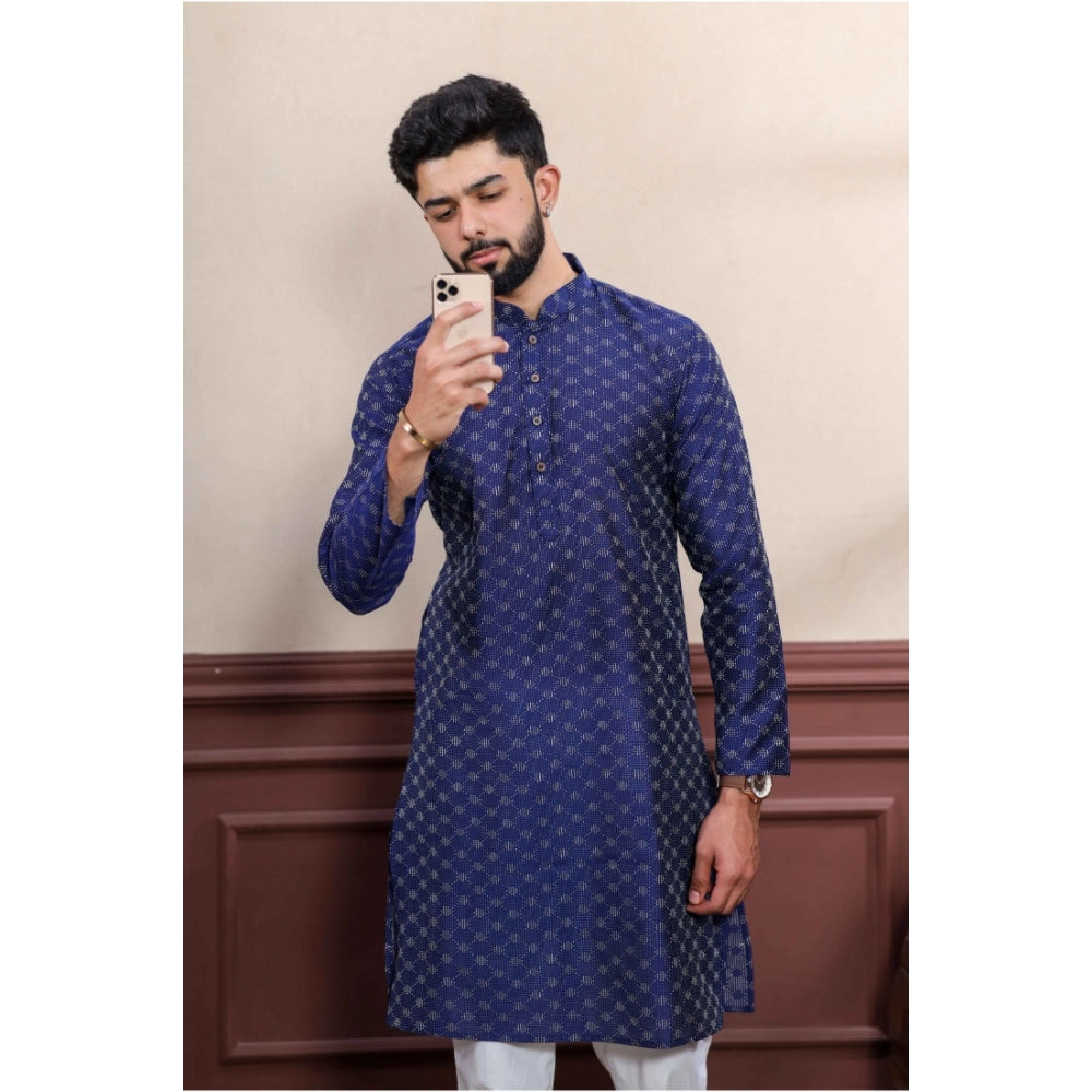 Men's Casual Cotton Printed Full Sleeve Kurta Pyjama Set (Blue)
