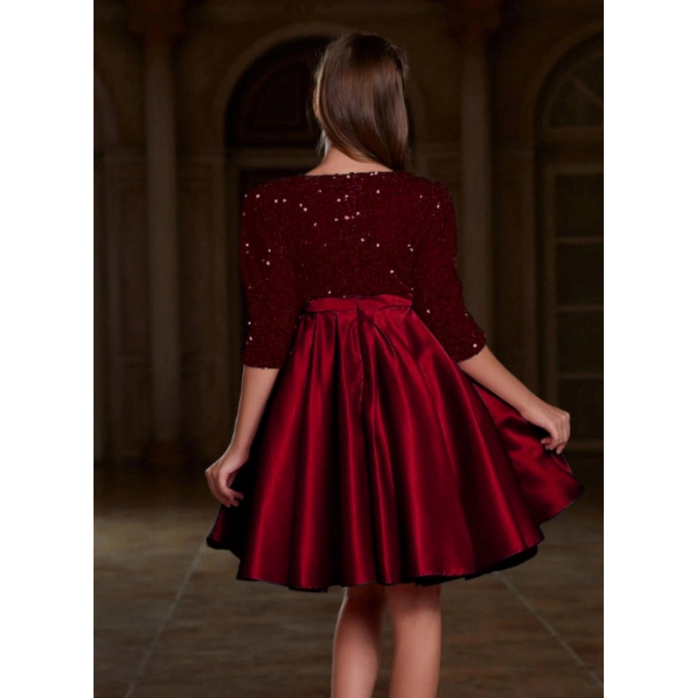 Maroon rayon girl's western dress, short-sleeved round neck solid style for casual wear