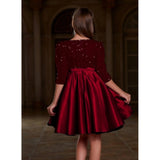 Maroon rayon girl's western dress, short-sleeved round neck solid style for casual wear