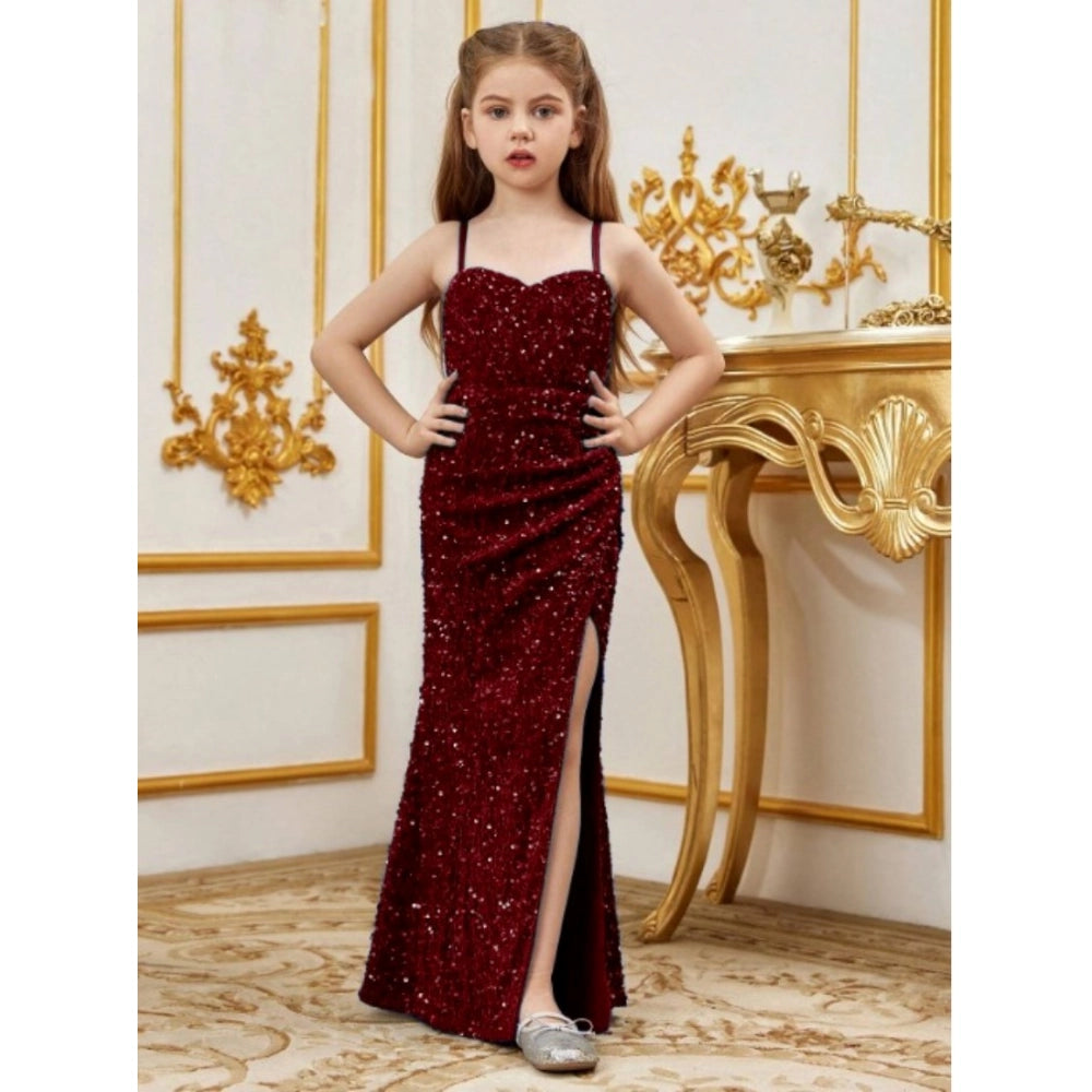 Maroon rayon girl's off-shoulder western dress, solid pattern with sleeveless design