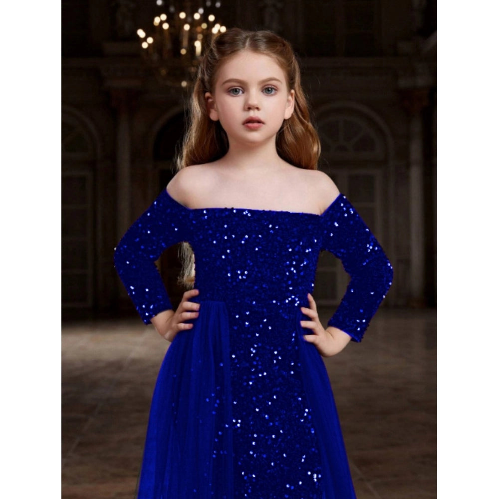 Blue rayon solid off-shoulder western dress for girls, long sleeve style