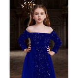 Blue rayon solid off-shoulder western dress for girls, long sleeve style