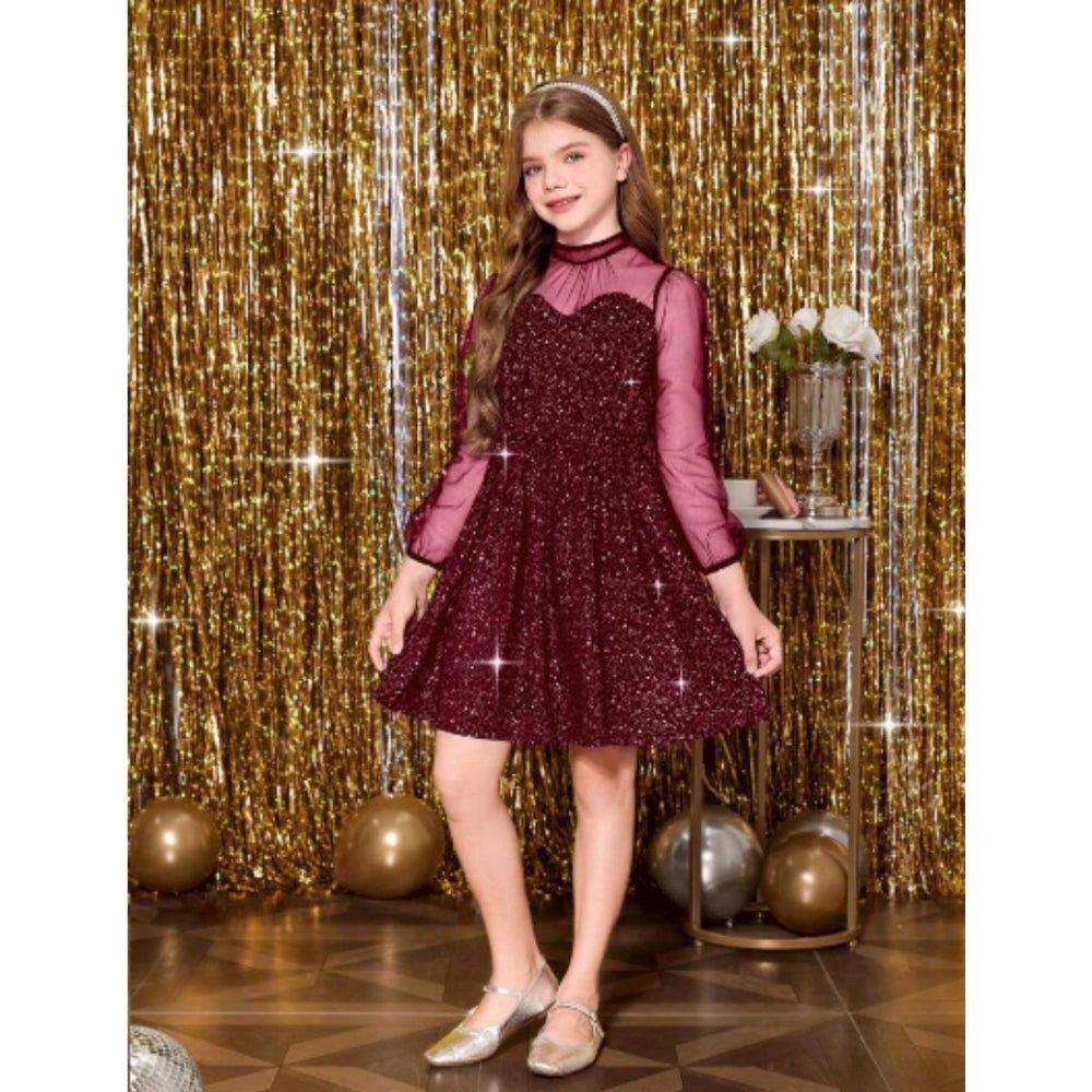 Maroon rayon solid round neck western dress for girls, long sleeve, on hanger