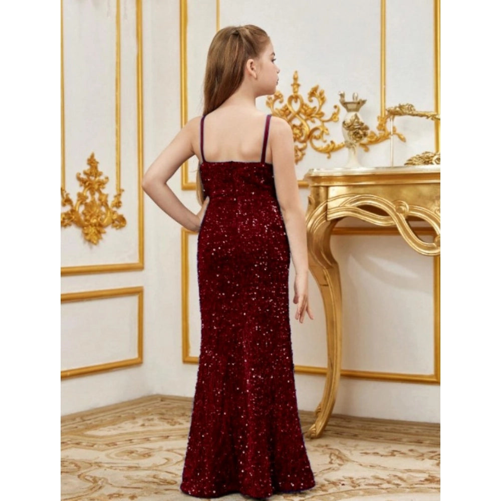 Maroon rayon solid off-shoulder western dress for girls, sleeveless style on model