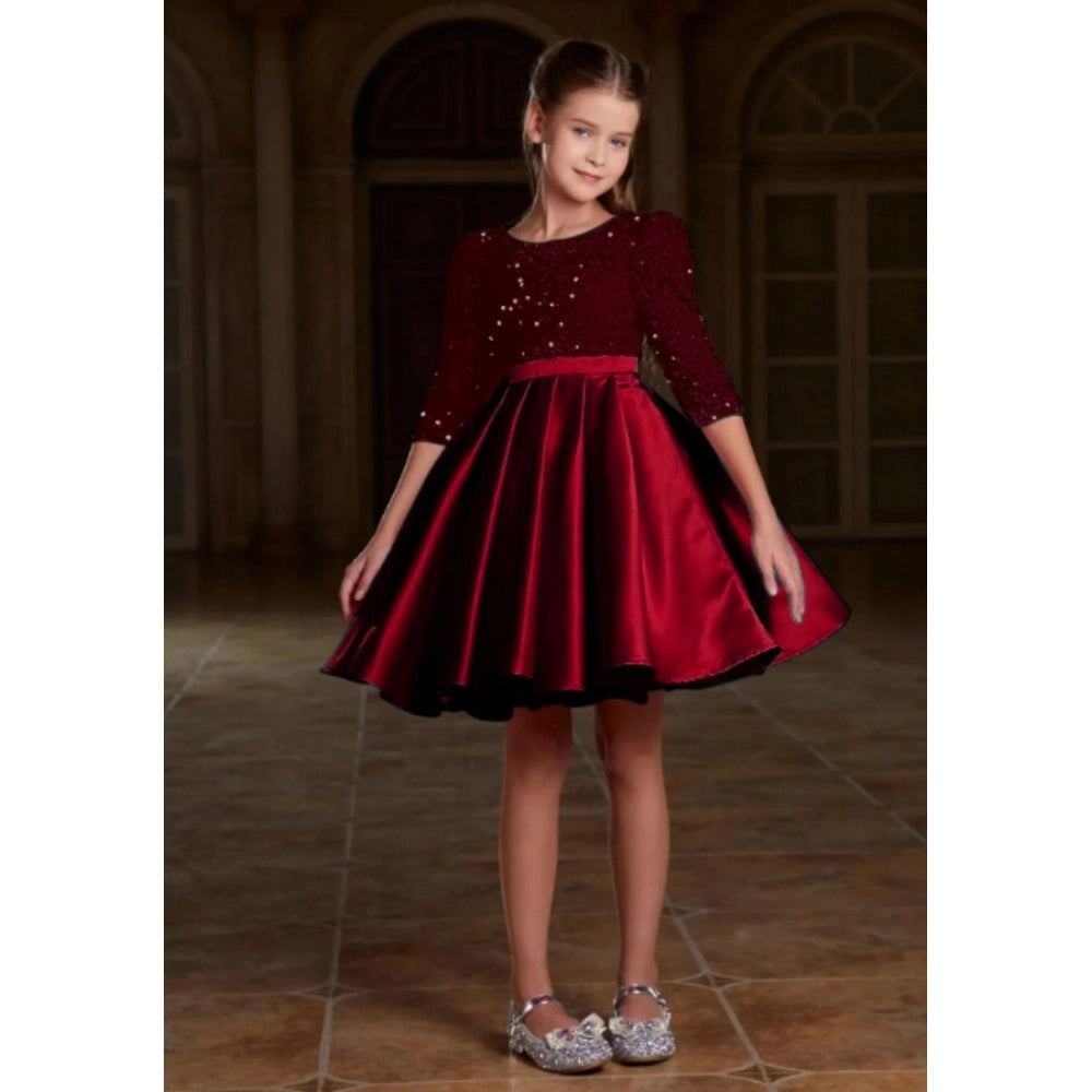 Maroon rayon girl's western dress, solid round neck with short sleeves